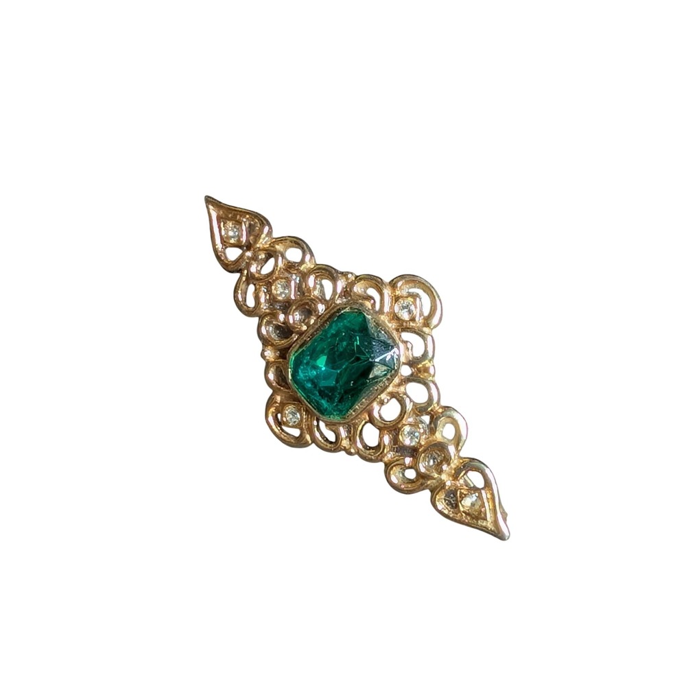 Vintage Gold Tone Emerald Green Glass Rhinestone Filigree Brooch Pin 2.25 Inch